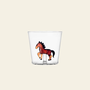 The Ichendorf Milano Animal Farm Tumbler by Ichendorf Milano features a hand-crafted brown horse figurine inside its clear glass design, set against a plain, light background.