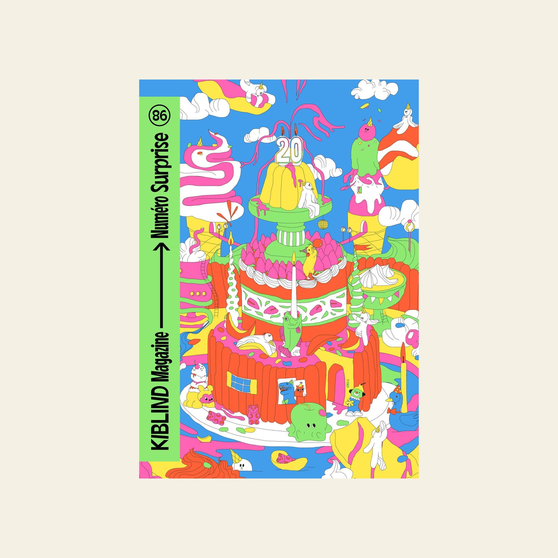 A vibrant illustration of a giant cake with candles and fantasy creatures adorns the cover of KIBLIND Atelier Magazine #86 by KIBLIND Atelier, where Numéro Surprise on a green banner hints at creative surprises within.
