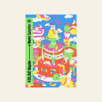 A vibrant illustration of a giant cake with candles and fantasy creatures adorns the cover of KIBLIND Atelier Magazine #86 by KIBLIND Atelier, where Numéro Surprise on a green banner hints at creative surprises within.