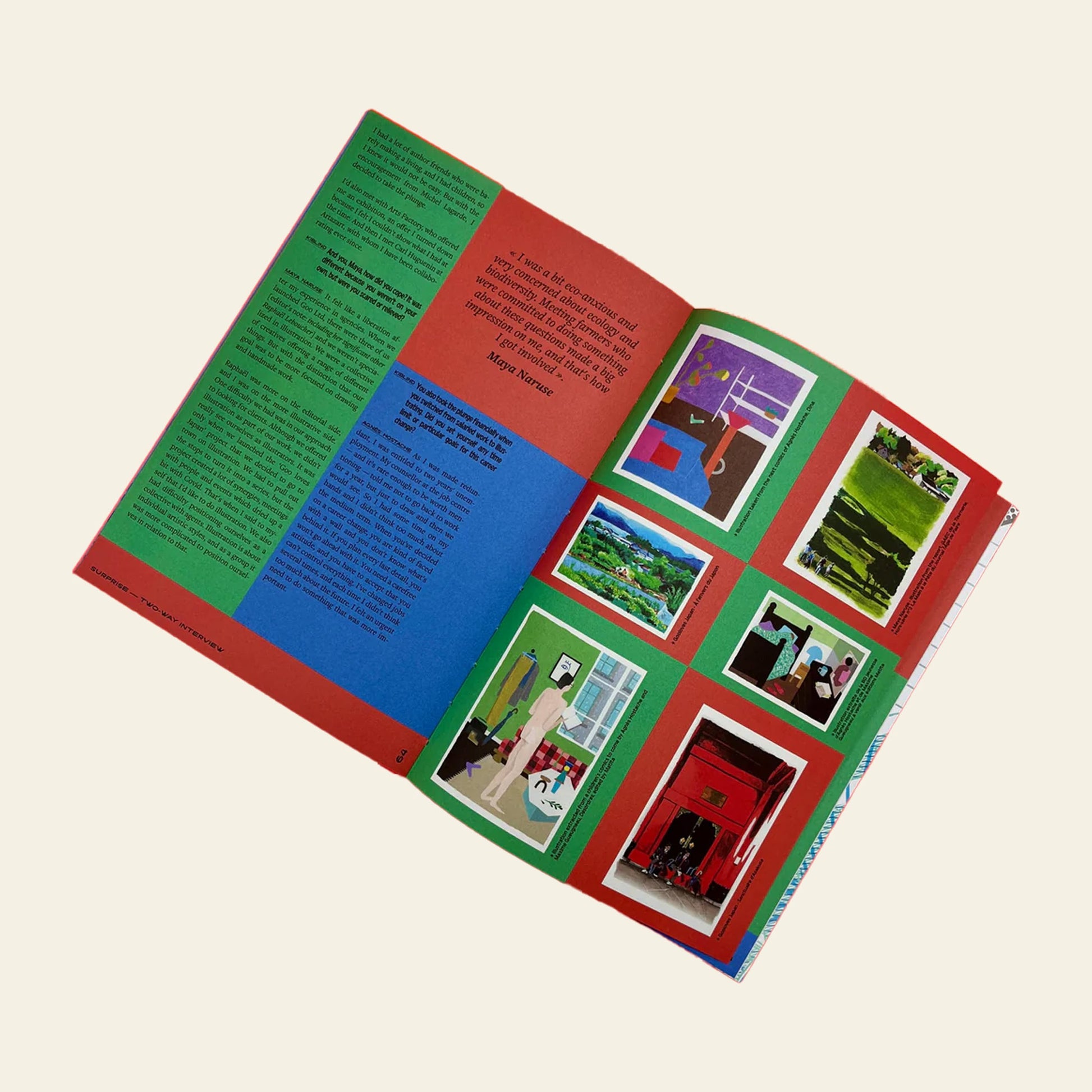 KIBLIND Atelier Magazine #86 by KIBLIND Atelier features vibrant left-page text in green, blue, and red blocks, with framed art on green and red backgrounds on the right—inviting playful exploration and creative mischief.