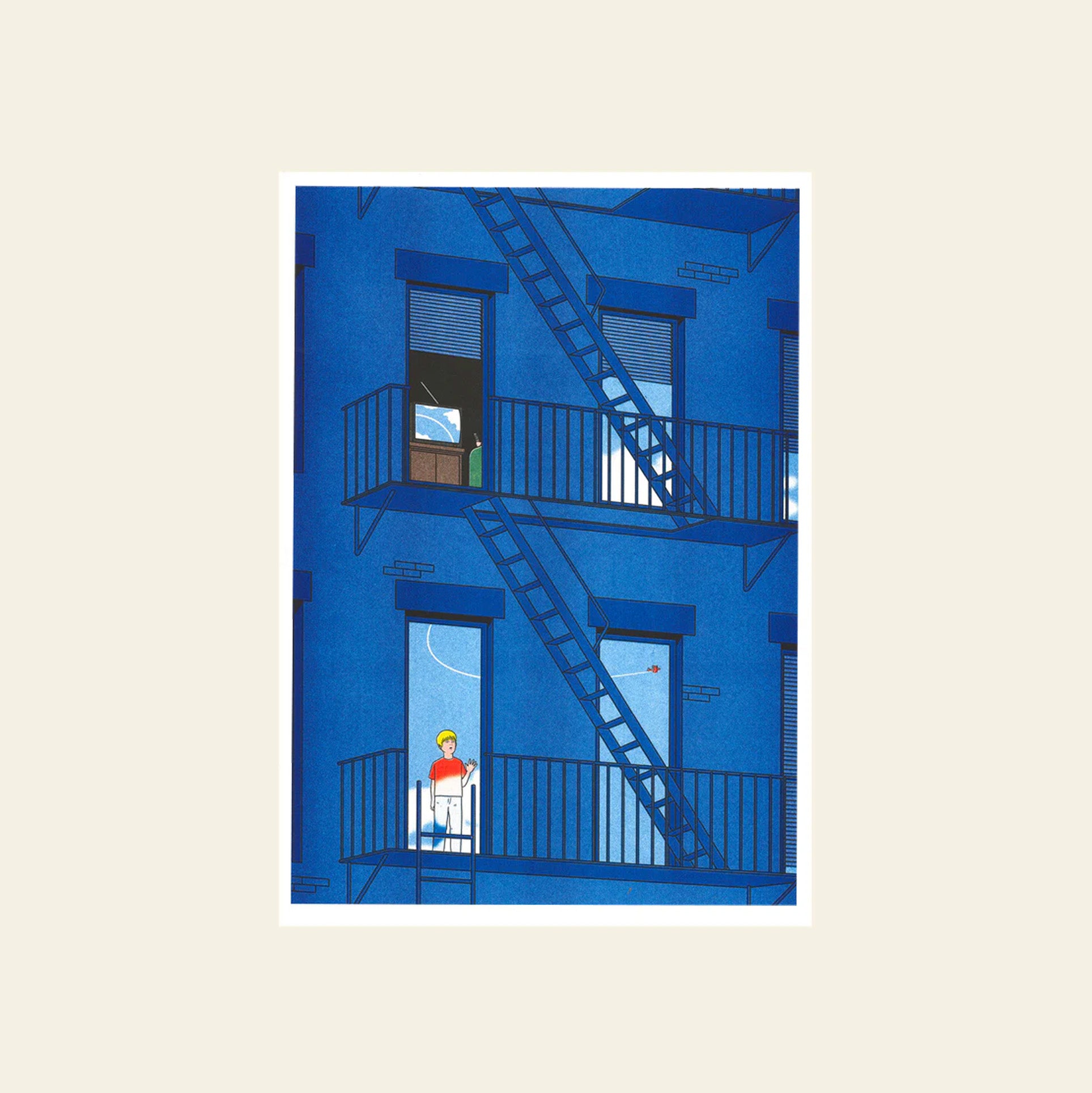 KIBLIND Atelier Simon Bailly - Porco Rosso Poster: A blue apartment building with fire escapes, inspired by Franco-Belgian comics. Features a person at a lower window and a cat above, with white-outlined windows enhancing the scene.