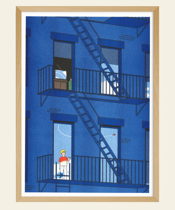 KIBLIND Atelier Simon Bailly - Porco Rosso Poster by KIBLIND Atelier: Features a blue apartment with fire escapes in Franco-Belgian comic style. A child on a balcony watches a red ball bounce, with interior details and light wood framing.