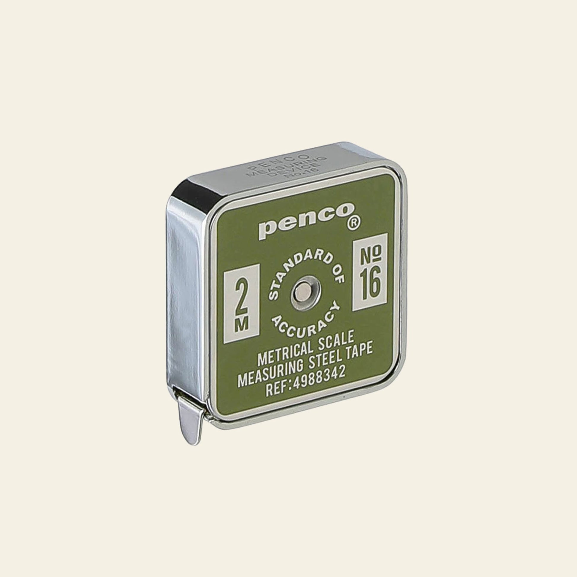 The Penco Pocket Measure is a compact, square green and silver retro tape, labeled "Penco" with "2M," "No 16," and "Metrical Scale Measuring Steel Tape" on the front.