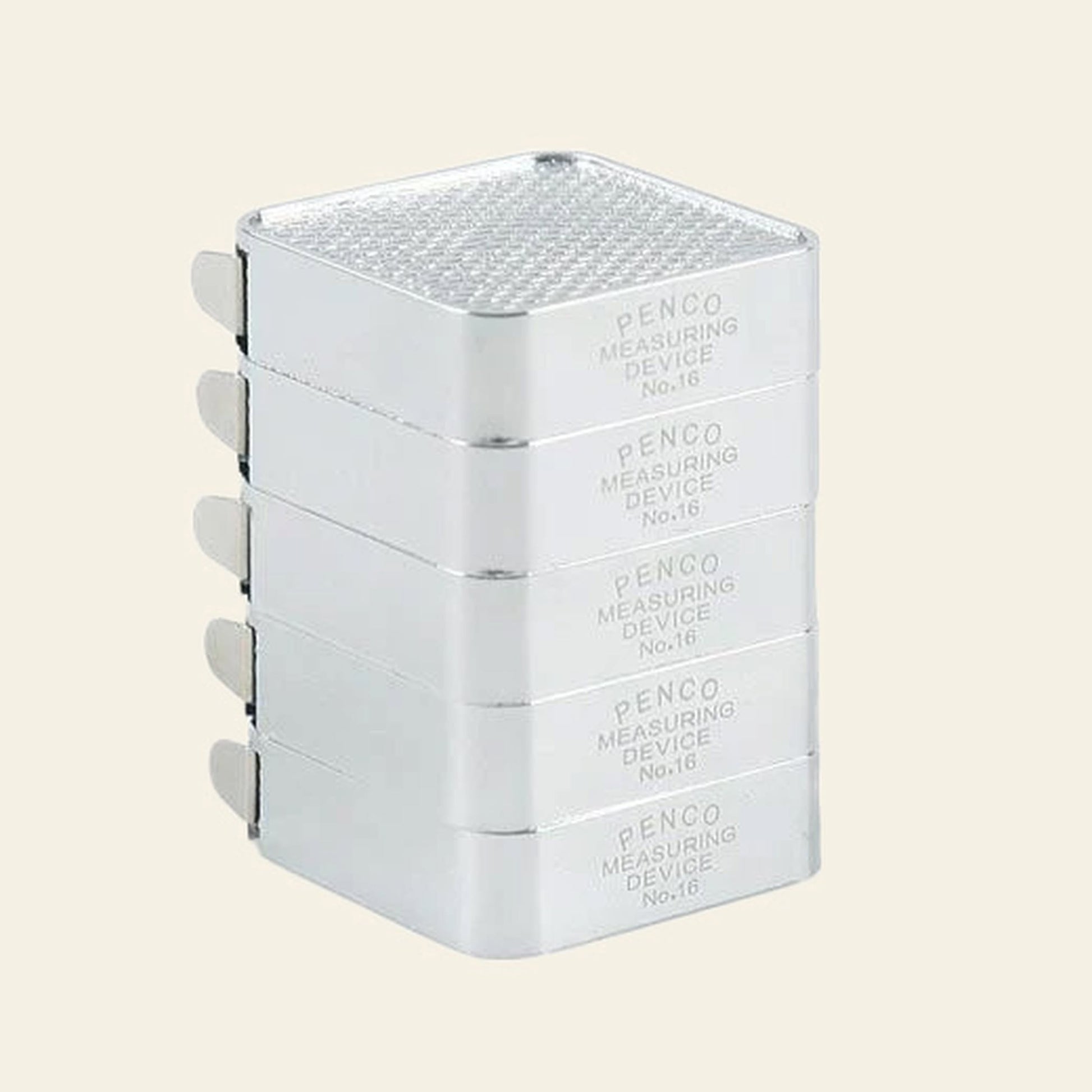 Five silver, rectangular Penco Pocket Measure tapes by Penco are stacked vertically, each with a retro textured surface and the metal tape ends showing on the left.