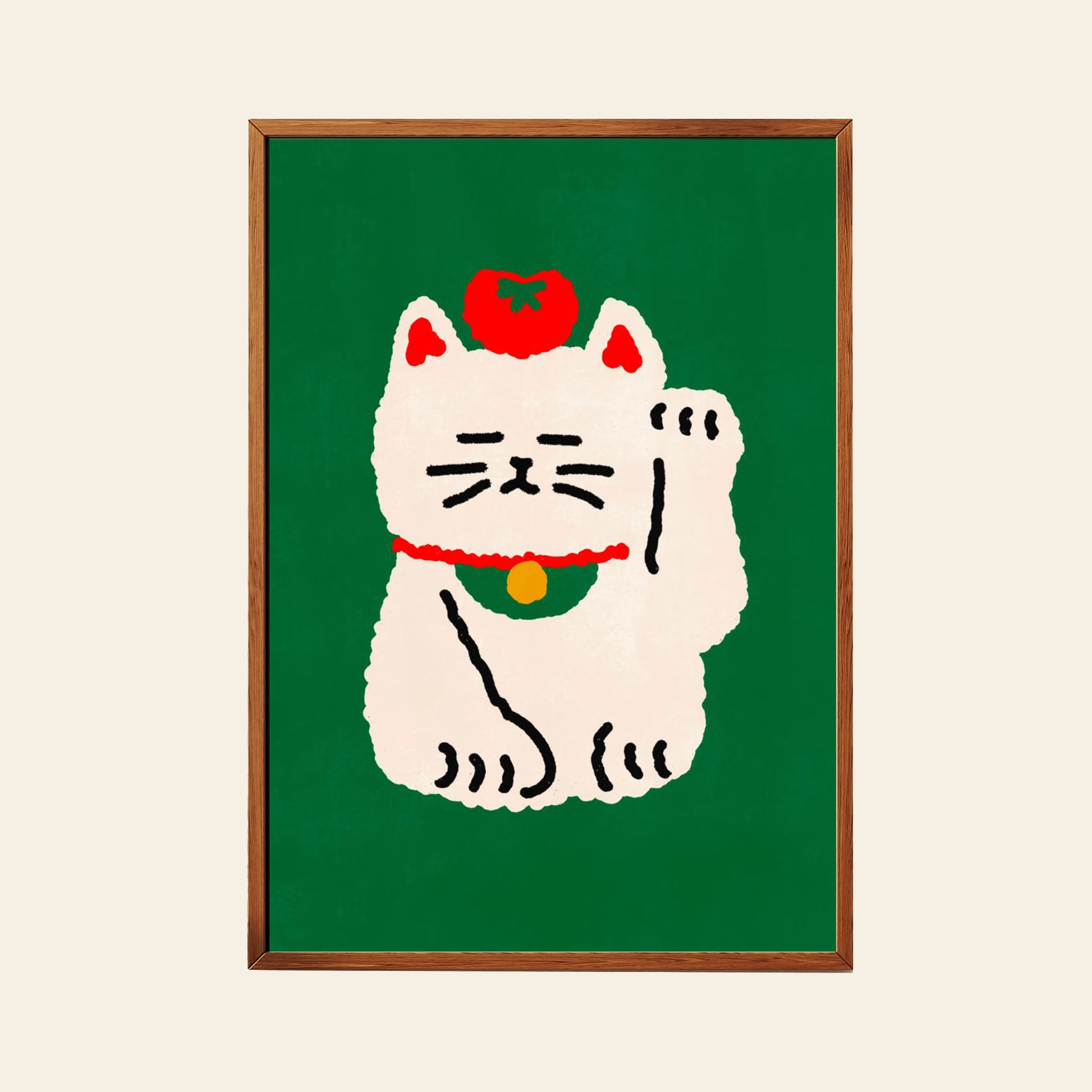 The Stacked Store Huat The Lucky Cat Poster (30x40) features a white maneki-neko with a red collar, gold bell, and a red apple on its head, set against a green background with one paw raised in welcome.