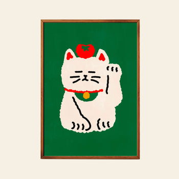 The Stacked Store Huat The Lucky Cat Poster (30x40) features a white maneki-neko with a red collar, gold bell, and a red apple on its head, set against a green background with one paw raised in welcome.