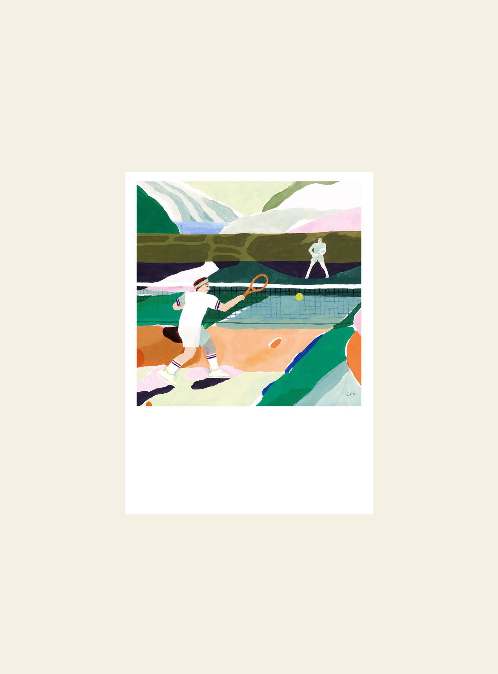 Colorful abstract illustration of two people playing tennis outdoors, one hitting the ball while the other stands ready; featured on The Poster Club Clara Selina Bach - Tennis (30x40) poster by The Poster Club.