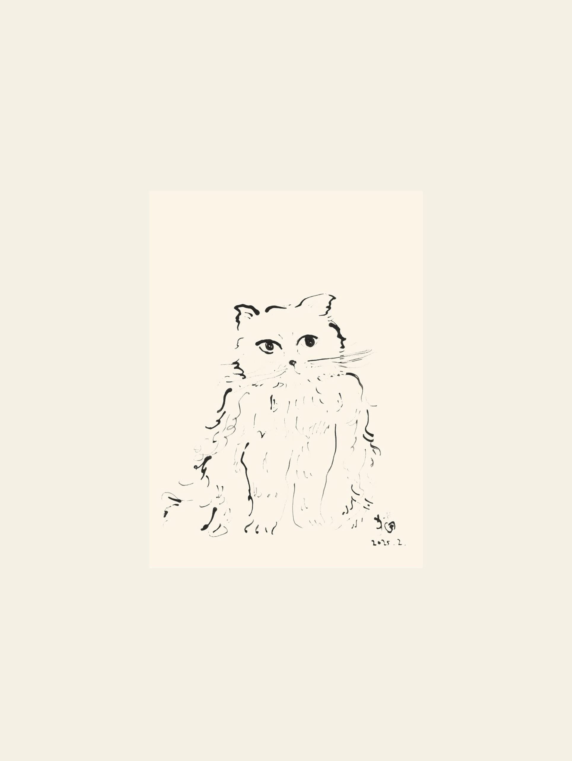 The Poster Club Oamul - Cat (30x40) poster features a minimalist black ink drawing of a fluffy, long-haired cat on a light beige background. This charming art print by The Poster Club captures the cat's fur and expressive eyes in simple lines.