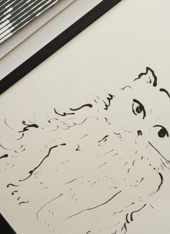 Minimalistic and expressive, The Poster Club Oamul - Cat (30x40) poster features a fluffy, wide-eyed feline in black ink with flowing lines—perfect for adding an artistic touch to your space.