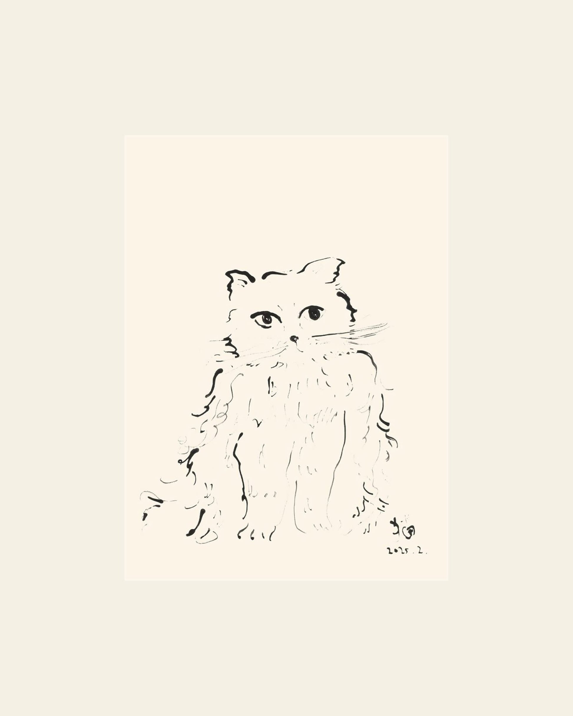 The Poster Club Oamul - Cat (50x70) poster features a minimalist black ink sketch of a long-haired cat with detailed fur on a light beige background, signed and dated by the artist in the lower right corner.