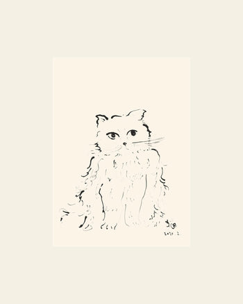 The Poster Club Oamul - Cat (50x70) poster features a minimalist black ink sketch of a long-haired cat with detailed fur on a light beige background, signed and dated by the artist in the lower right corner.
