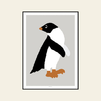 The WARMGREY TAIL Adelie Penguin Grey Poster (30x40) features a minimalist illustration of an Adelie penguin with brown feet, upright on a light grey background, and is elegantly framed with a black and white border.