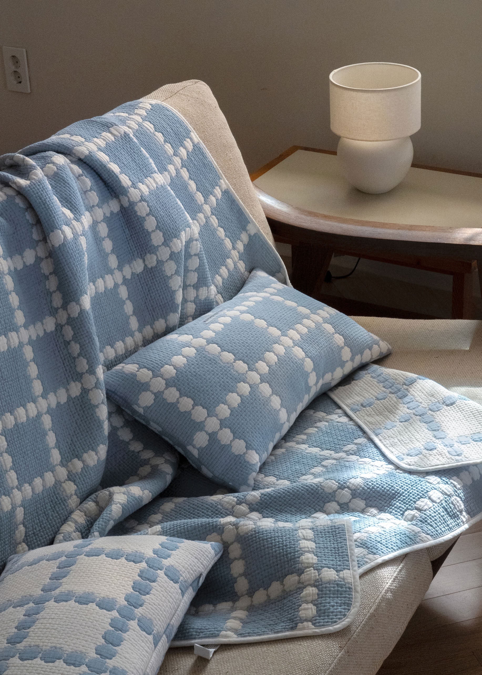 WARMGREY TAIL Blossom Check Cotton Modal Cushion & Pillow Case Blue Line