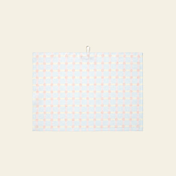 The WARMGREY TAIL Dot Check Kitchen Cloth 2 features a light blue and pale pink checkered design on beige, with a handy hanging loop for added practicality and style.