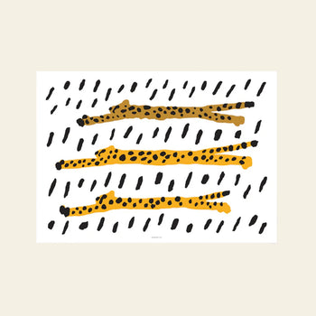 The WARMGREY TAIL Run Cheetah Run! Poster (30x40) features minimalist abstract art with three yellow-orange, cheetah-spotted shapes and black dashes on white, inspired by the energy of the world’s fastest land animal.