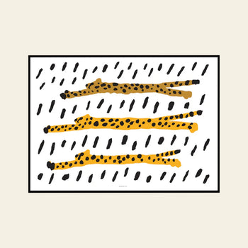 WARMGREY TAIL Run Cheetah Run! Poster (30x40) features a minimalist abstract design with three yellow, elongated shapes with black spots and scattered dash marks on white, evoking the swift motion of a cheetah.