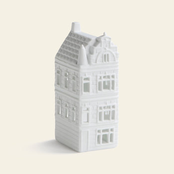 The &klevering Canal House #4 Tealight, Set of 3 by &klevering features small white ceramic European-style townhouses, perfect for Amsterdam-inspired home décor and ideal as charming canal house tealight holders.