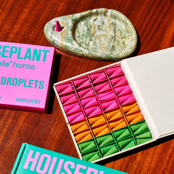 A vibrant open box with rows of folded paper in pink, orange, and green sits on a wooden table beside the ripple+ Houseplant Ash & Scent Set and two closed ripple+ boxes labeled HOUSEPLANT.