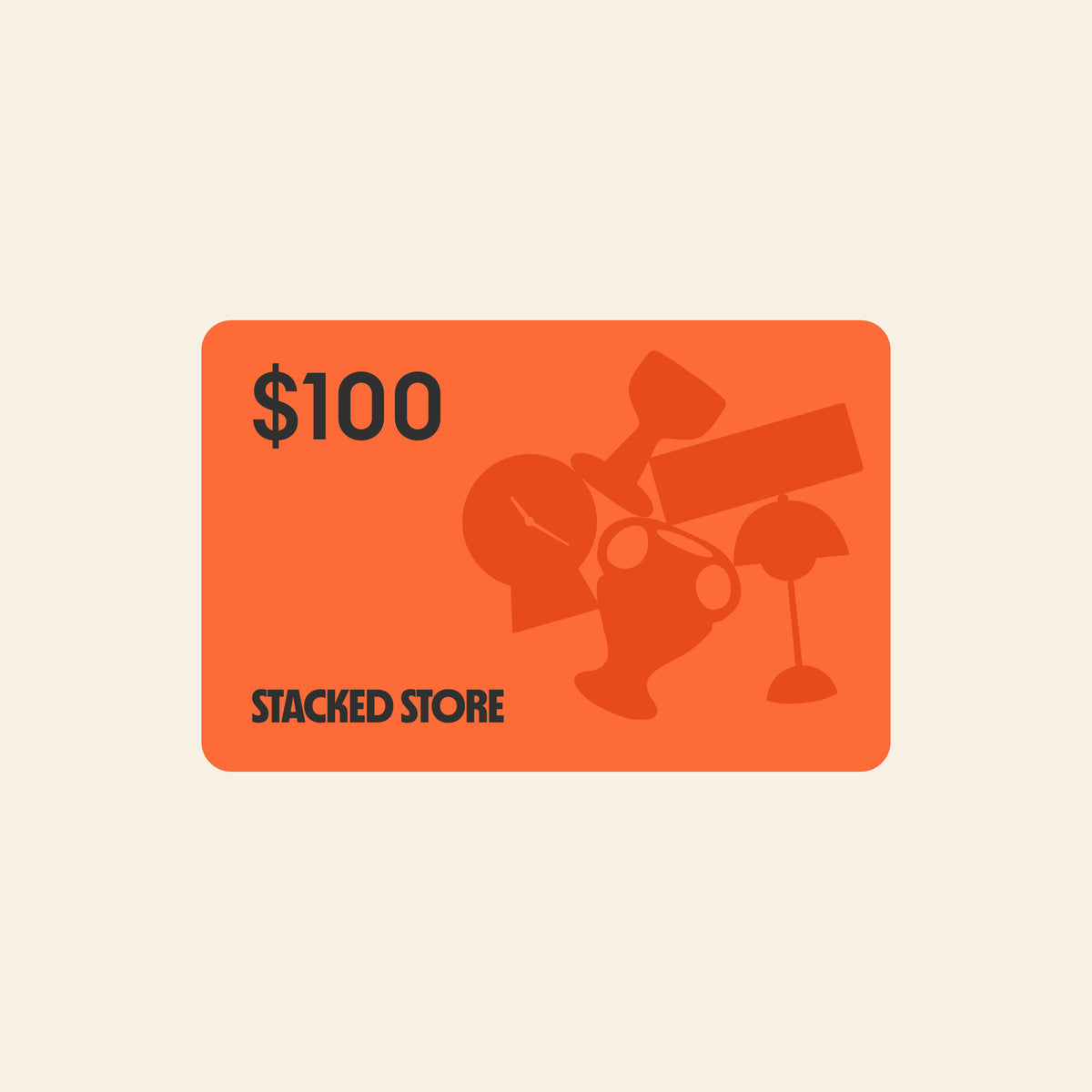 A yellow $100 Stacked Store Gift Card (Digital) featuring a woman atop stacked gift boxes—ideal for planet-friendly home and living products.