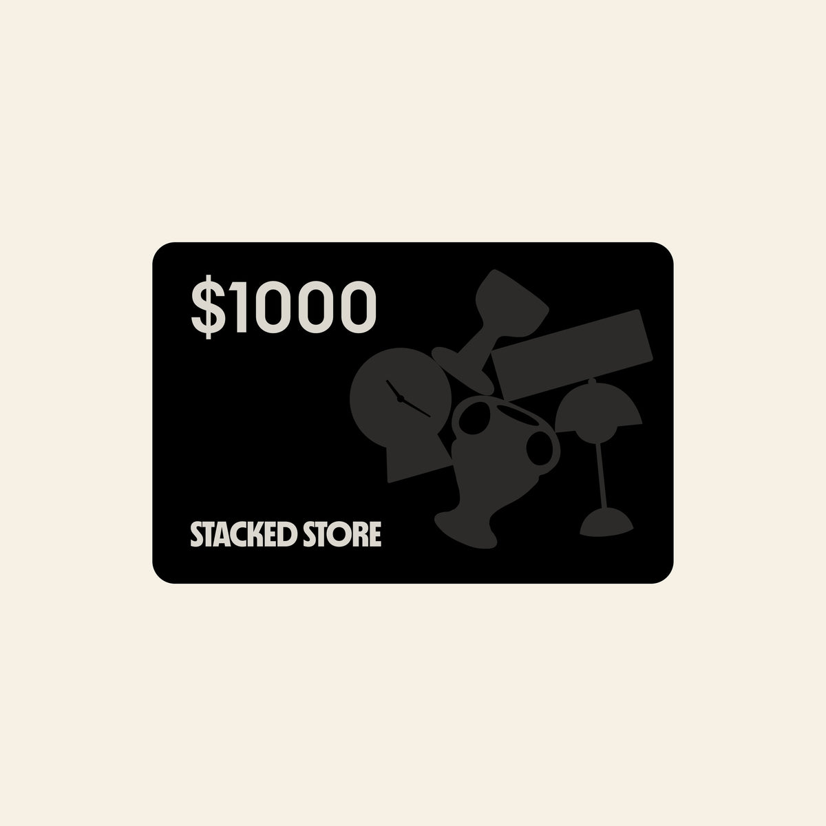 The $1000 Stacked Store Gift Card (Digital) by Stacked Store features artwork of a woman atop gift boxes—ideal for selecting eco-friendly home and living items, with smaller gifts also in the scene.