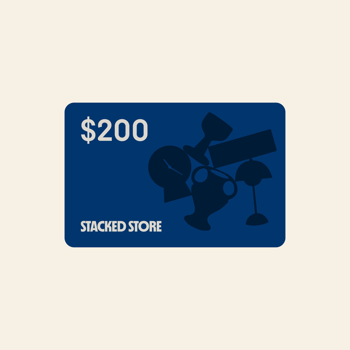 A digital Stacked Store Gift Card ($200) displays the Stacked Store logo. A woman on large wrapped presents pushes a scooter—ideal for choosing planet-friendly home and living products from Stacked Store.