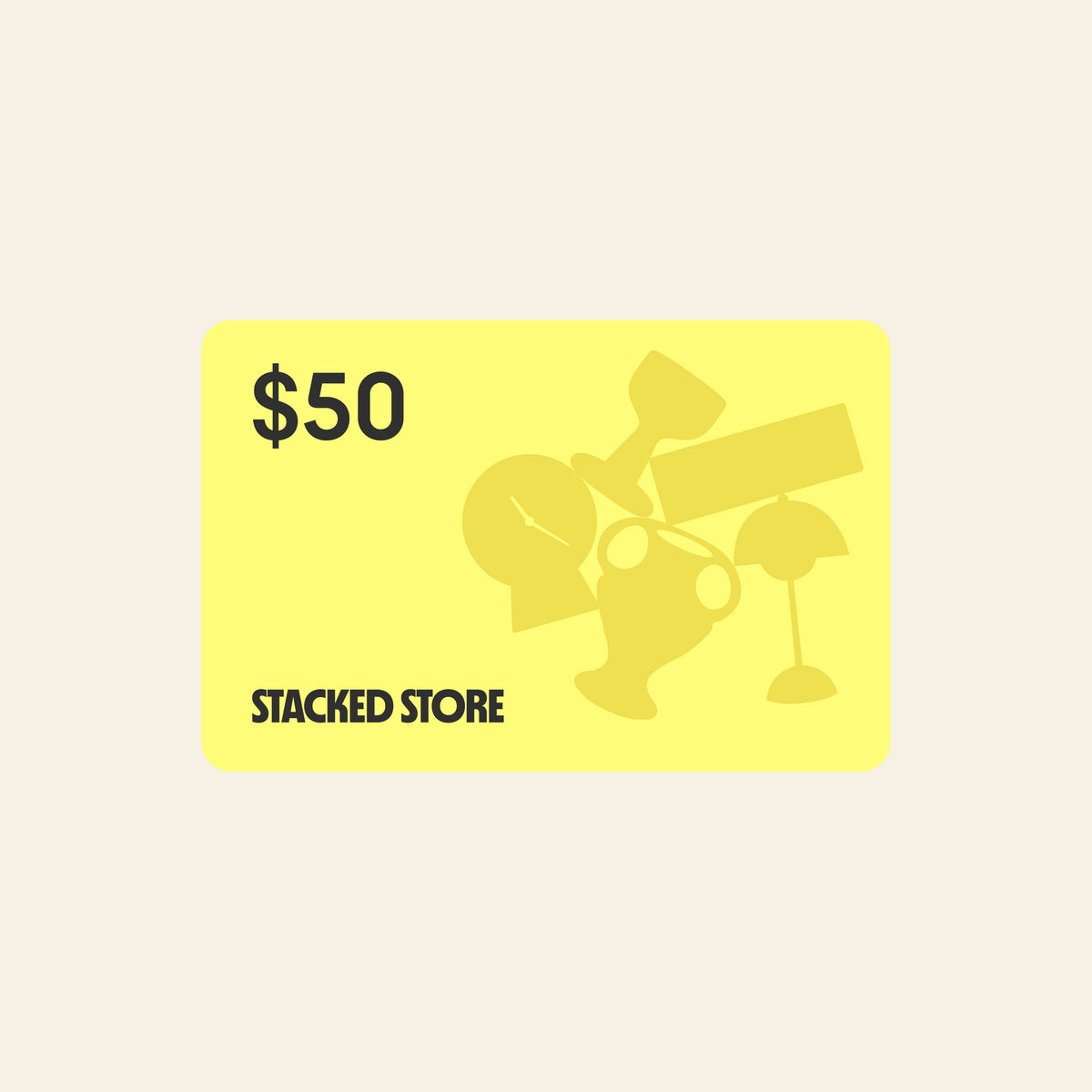 A brown Stacked Store Gift Card (Digital) worth $50, featuring bold black text, the Stacked Store logo, and an illustration of a woman on gift-wrapped boxes—ideal for planet-friendly home and living products.