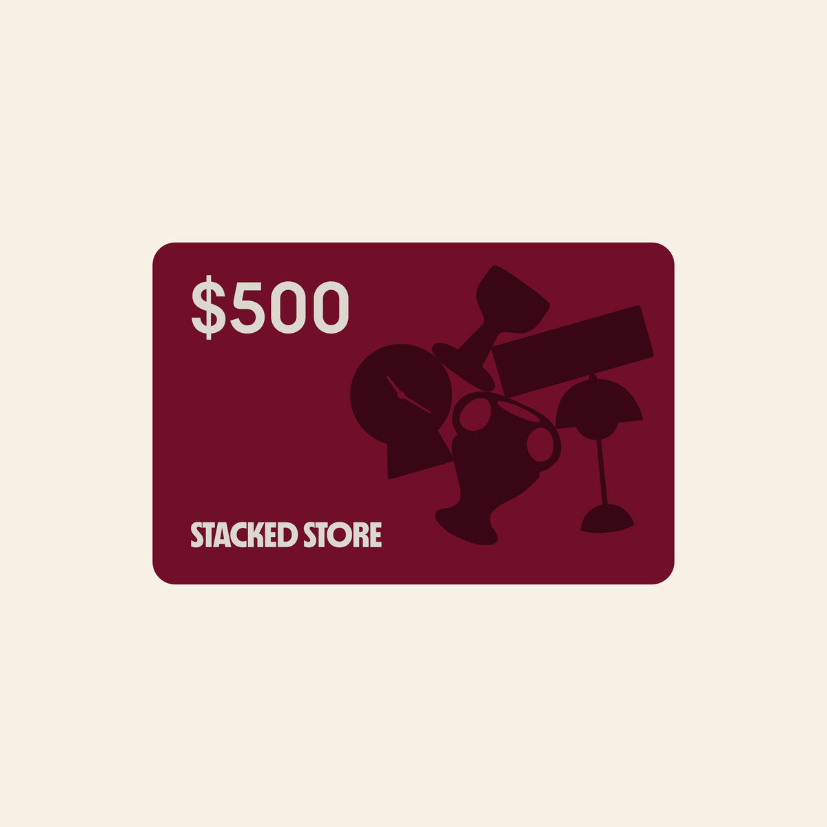 A light blue Stacked Store Gift Card (Digital) with $500 in bold black text, STACKED STORE below, and an illustration of a woman on gift boxes—ideal for eco-friendly home and living products from Stacked Store.